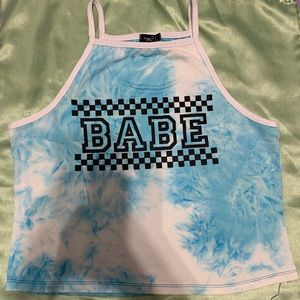 Light blue & white “B A B E” crop top💙🤍